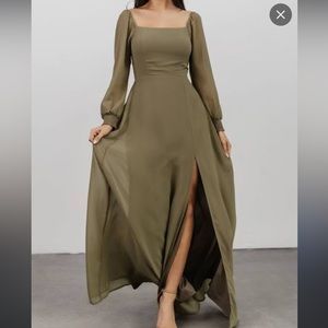Olive long sleeve maxi bridesmaids dress